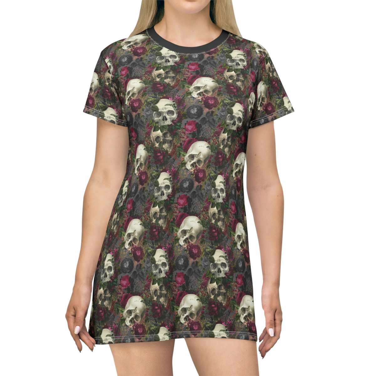 62086.jpg teeshirt dress with skull and roses all over print gothic dress