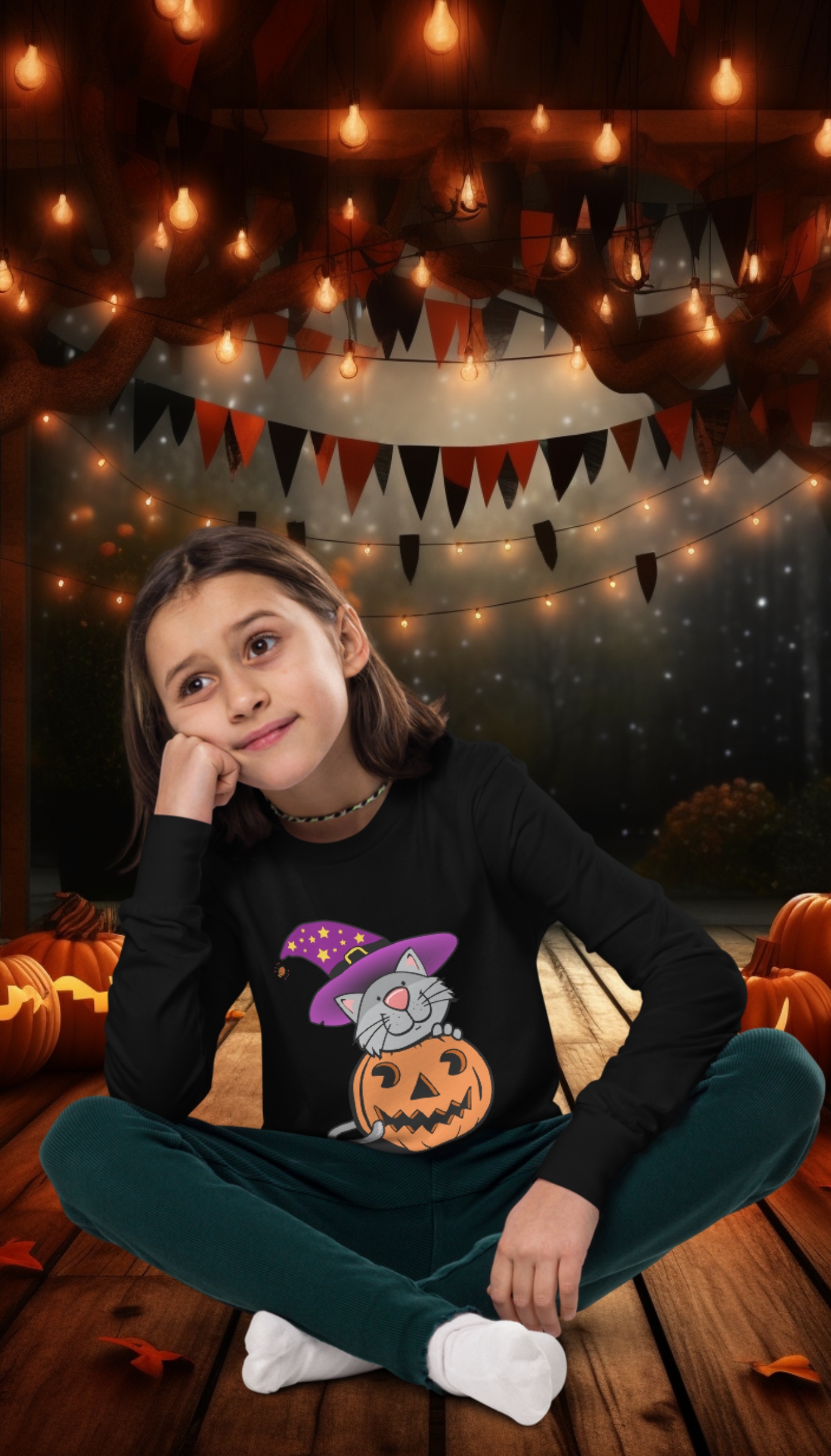 halloween tshirt design with a cute cate in a witches hat in a pumpkin