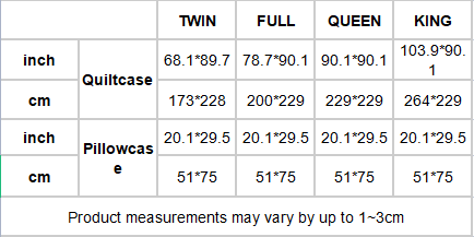 measurements for bedding in twin, full, queen and king sizes